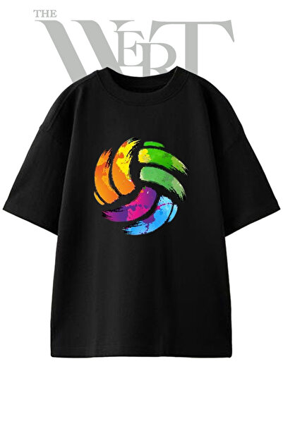 THEWERT Colorful Volleyball Design Printed Unisex Black Oversize T-Shirt