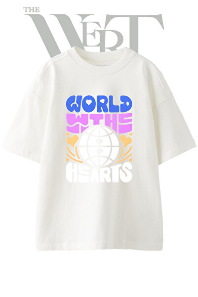 THEWERT Retro World Hearts Design Printed Unisex White Oversize T-Shirt