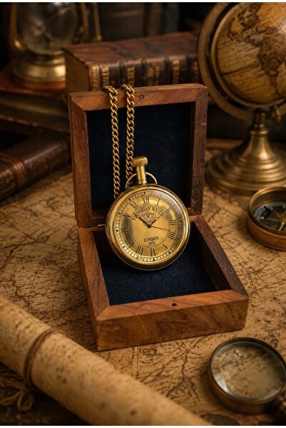 SÜPERKUTUMATBAA Victorian Watch 1875 Ahşap Kutulu Pirinç Köstekli Cep Saati