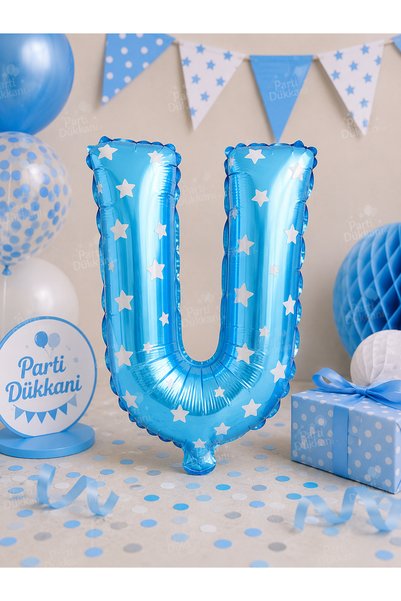 Parti Dükkanı 16 Inch 36 cm Polka Dot Blue U Letter Foil Balloon Birthday Nam...