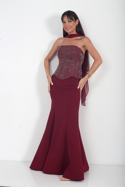 By Saygı Women's Strapless Collar Underwire Stone Detailed Lined Crepe Fish Dress
