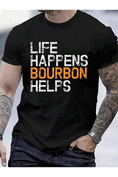 9JY تي شيرت مضحك من القطن بنسبة 100% من Life Happens Bourbon Hilfs للرجال وال...
