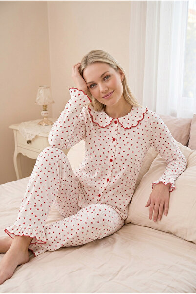 JENİKA Women's Cotton Red Heart Patterned Pajama Set Long Sleeve Front Button...