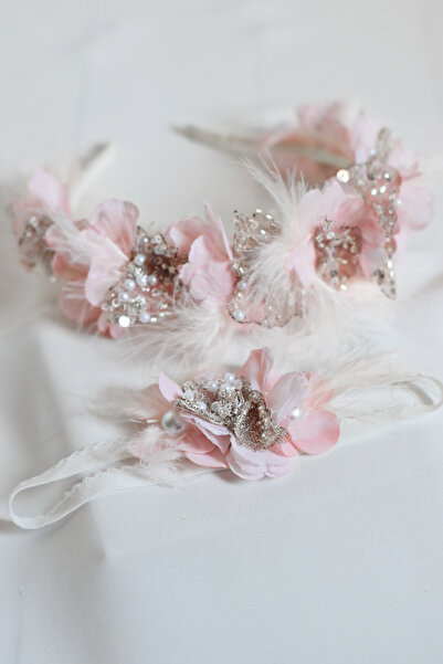ROYAL ROX Anne Bebek Taç Seti Pudra Somon Çiçekli Tüylü, payetli İnci Detaylı...