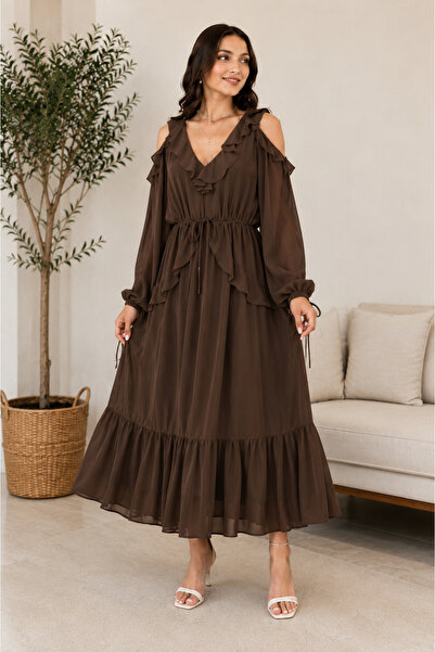 Generic Brand Women's Off-Shoulder Chiffon Maxi Dress with Ruffle Detail and ...