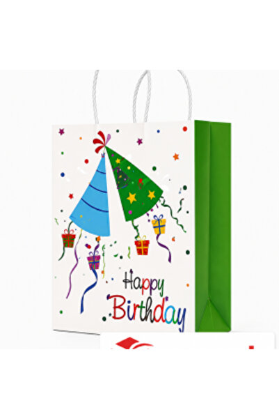 15x22x8 Buklum Sapli Kagit Canta Happy Sapkali Baskili | 25 Adet