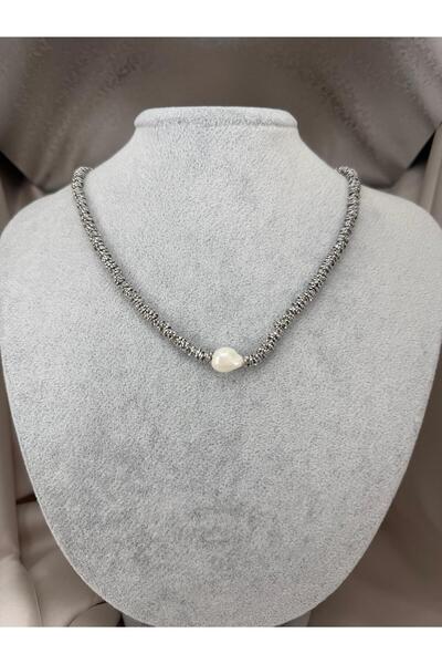 ZS Aksesuar Women's Silver Color Twisted Chain Heart Pearl Detailed Choker Ne...