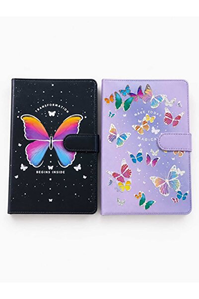 Genel Markalar Kelebek Desenli kilitli ajanda defter A6 mıknatıslı kapak günl...