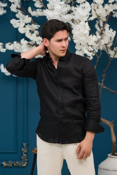 Paul Martin Regular Fit Hidden Button Collar 100% Linen Raw Linen Shirt