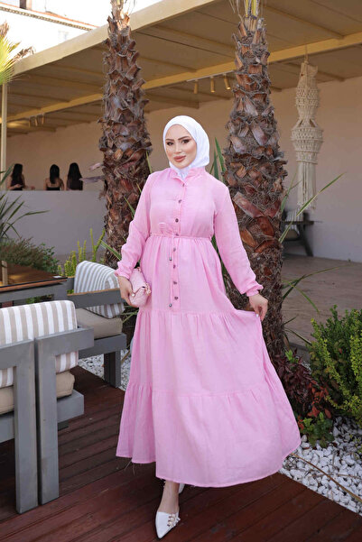 İmajButik Ροζ φόρεμα μουσελίνας με ελαστικά μανίκια και πολυεπίπεδη φούστα