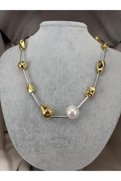 ZS Aksesuar Women's Silver Color Pearl Detailed Geometric Metal Bead Necklace...