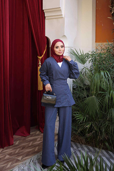 İmajButik طقم كتان باللون الأزرق الداكن مع سترة برباط عند الخصر وبنطلون كيمونا