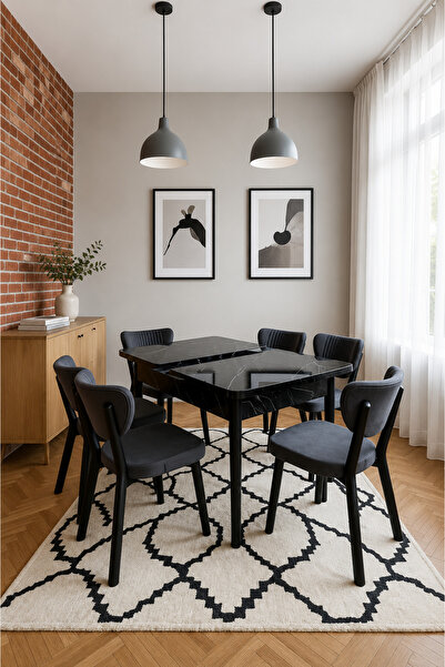 Concept Ayz Home Valoria Serisi 6 Kişilik 80x130 cm Siyah Mermer MDF Gri Kuma...