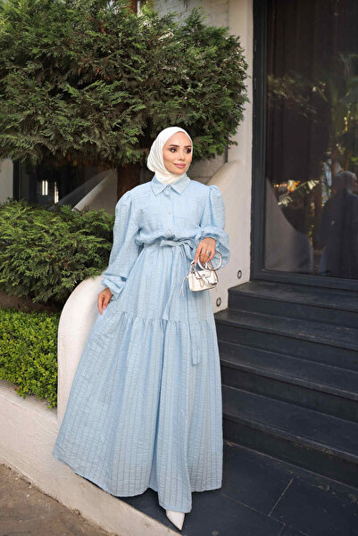 İmajButik Baby Blue Balloon Sleeve Belted Striped Dress