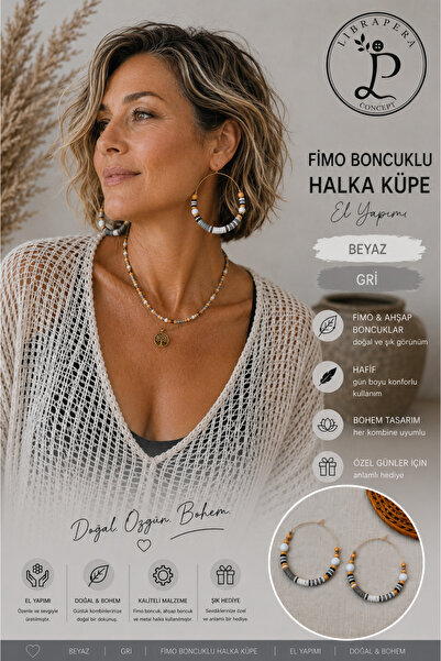 Librapera Concept Handmade Fimo Beaded Hoop Earrings White Gray