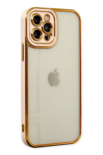Apple iPhone 12 Pro Max Elegant Liva Lens Kapak – (Şeffaf Gövde, Altın Çerçeveli Kamera Koruma) - Ro