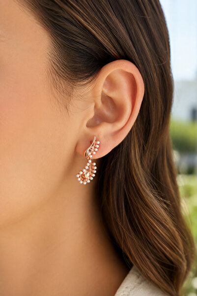 Tupek Store Rose Gold Pearl Detailed Leaf Design Women's Earrings |   Elegant...