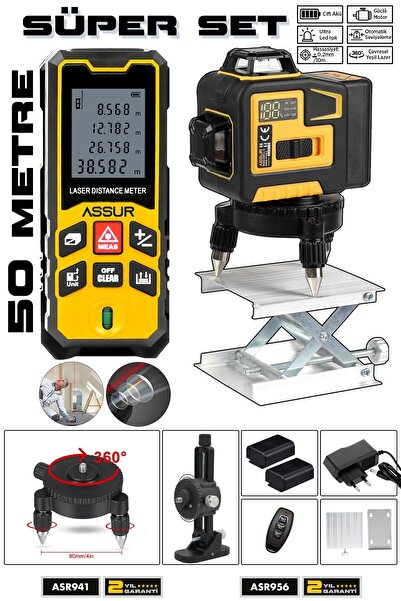 ASSUR Lazer Metre + 360° 12 Köşe Otomatik Hizalamalı Yeşil Çizgili Su Terazil...