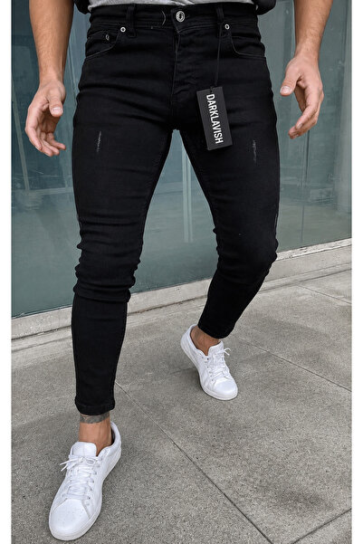 Dark Lavish Erkek Siyah Slim Fit Dar Paça Lazerli Kot Pantolon