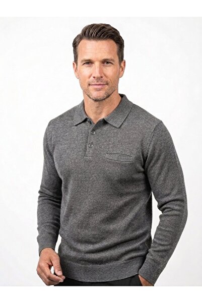 ONNO Men's Polo Collar Tricot Sweater with Elastic Waist, Steel Knitting, Cla...