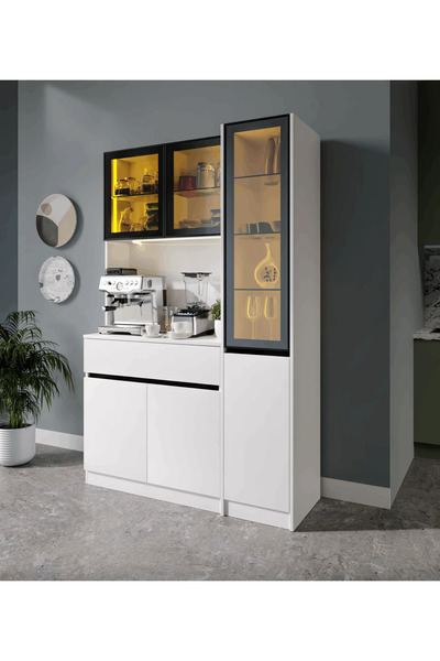 MaceraMobilya Lotus Midi Sağ Vitrinli Kahve Köşesi Komple MDF LED Mutfak Dolabı
