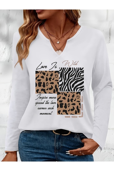 mercoledi Love Printed Cotton Half V-Neck Long Sleeve Blouse