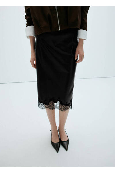 MANGO Woman Faux leather skirt with lace trim