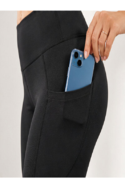 MOREYES Black High Waist Gathering Double Pocket Below Knee Diver Capri Leggings