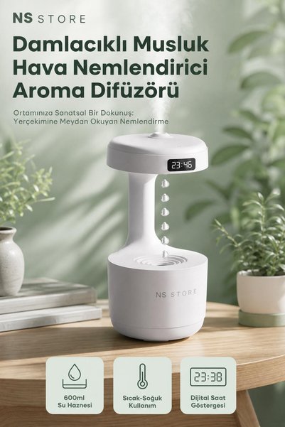 NS Store Damlacıklı Tasarım Nemlendirici ve Aroma Difüzörü - Dijital Saat Göstergeli Buhar Makinesi