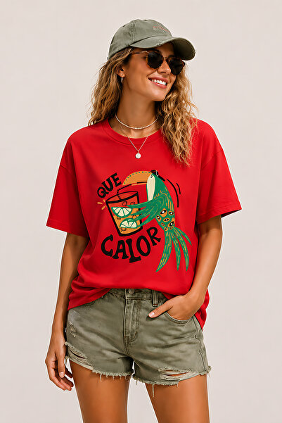 ArtYus Que Calor Papağan Printed Crew Neck Casual Unisex Oversize T-Shirt - T...