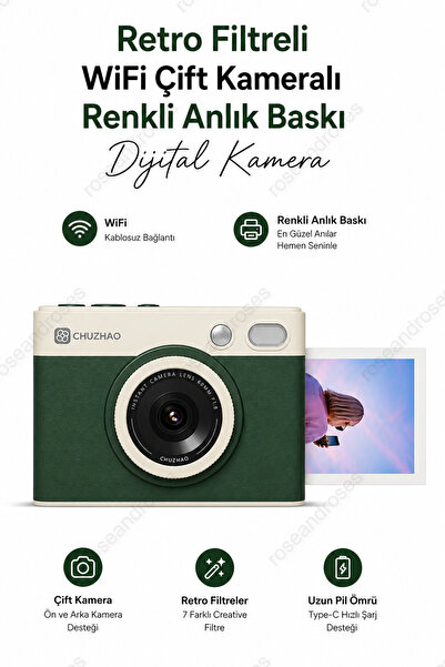 RoseandRoses Retro Filtreli WiFi Çift Kameralı Renkli Anlık Baskı Dijital Kam...