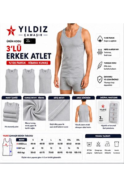 Yıldız Çamaşır Men's Ribbed Tank Top (04-18-21) - 3 Pieces
