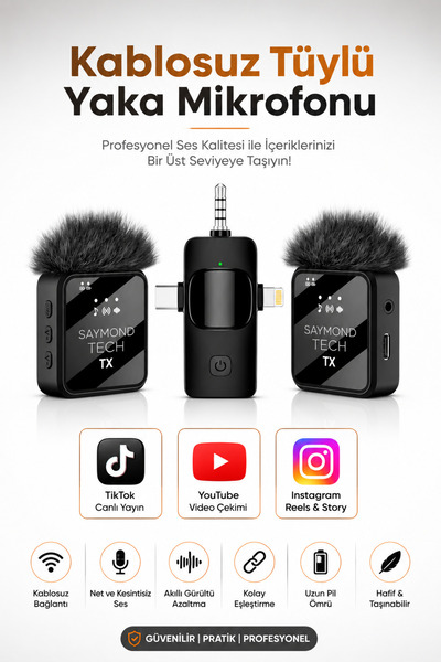 SAYMOND Yaka Mikrofonu Type-C Lightning Aux 2 Adet 3IN1 Kablosuz Mikrofon F11...