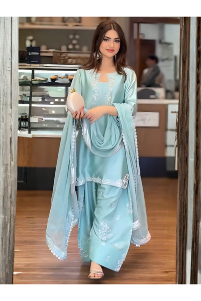 MYSMAR Light Blue Silk Embroidered Palazzo Suit Set - HRT8046 | Light Blue-Si...