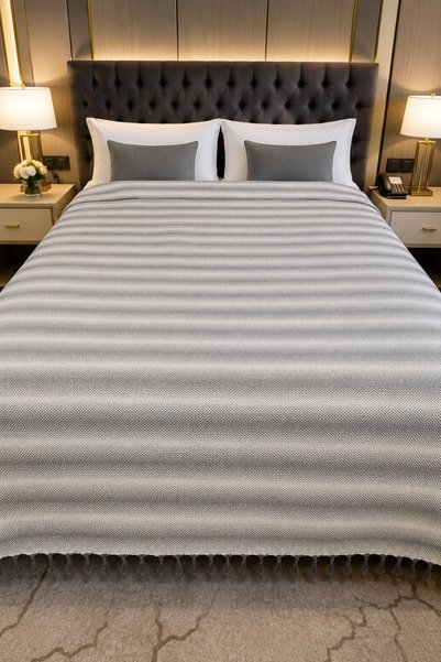Gizo Home Shadow Pattern |   Double Bedspread Pique Fringe Tied Bohemian Bedspread 1 Piece Modern, Washable, Decorative Double Bed Cover Anthracite