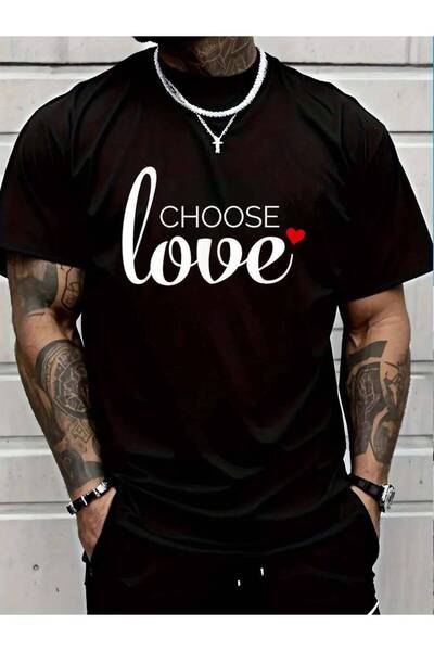 KYMC07 تي شيرت ملهم من القطن بنسبة 100% بتصميم Choose Love With Red Heart - ت...