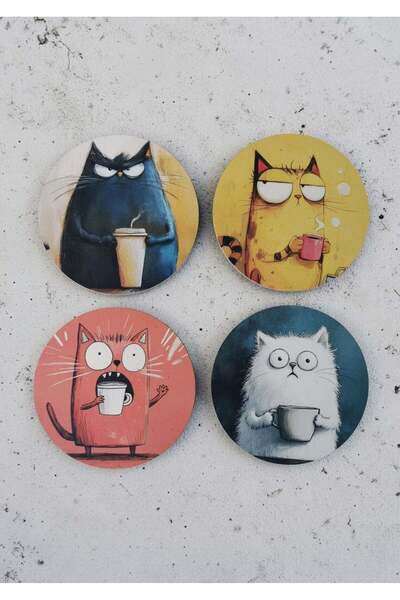 Halley Concept Decorative Wooden Coaster with Funny Cat Pattern, Diameter 10 cm