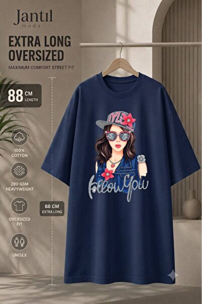 JANTIL MODA تي شيرت تونيك طويل جدًا ذو ياقة دائرية وطباعة Follow You للفتيات ...