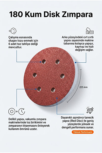 Genel Markalar 225 mm 180 Kum Cırtlı Disk Zımpara 6 Delikli 5 Adet - Vakumlu ...
