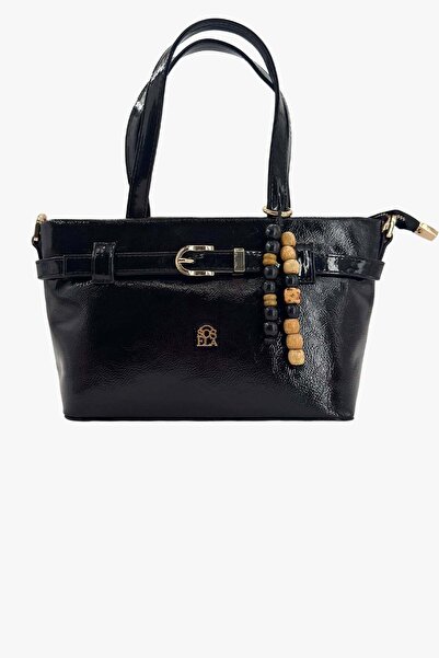 SOSELA 67-8150 Wrinkled Patent Leather Black Shoulder and Shoulder Bag