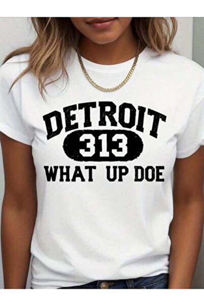 NOURAM قميص نسائي أبيض مع طباعة ديترويت 313 "What Up Doe"، ياقة دائرية كاجوال...