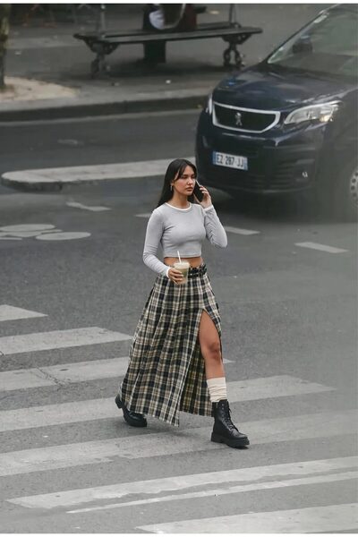 it's basic Women's Yellow Gray Plaid W6-34 Maxi Length Skirt with Belt Detail...