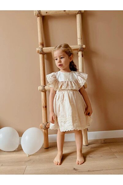 Magu Girl's Cotton Cream Lace Detailed Ruffle Dress - Special Occasion Combin...