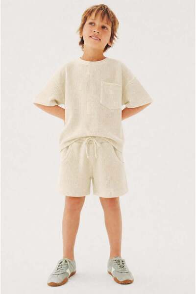 Magu Boy's Cotton Ecru Waffle Textured T-Shirt Shorts Set