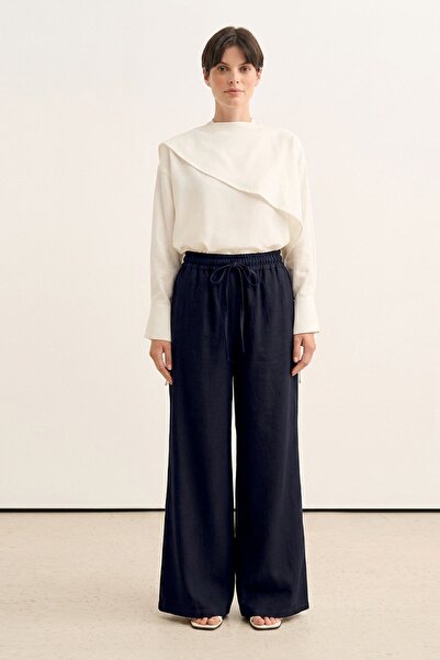 EBU Prive Women's Organic Cotton Loose-Fit Palazzo Trousers Navy Blue