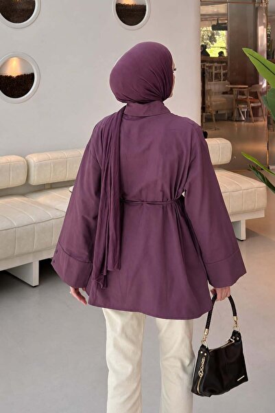 lamelif Fake Cuff Shirt with Tie Detail Plum