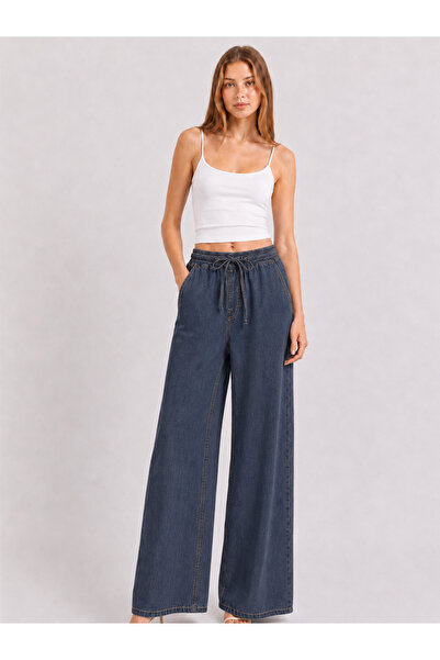 Safari Women's Wide Leg Elastic Waist Palazzo Jean Raw Wide Leg