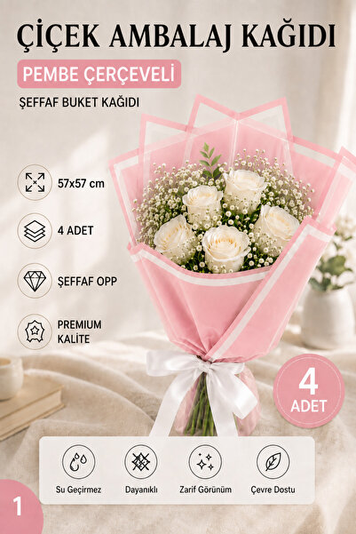 ÇINARASYADAHOME Şeffaf Kenarlı Pembe Çerçeveli Buket Ambalaj Kağıdı 57x57 cm ...