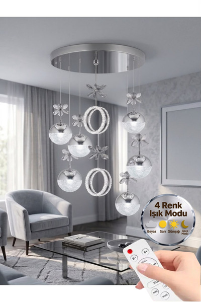 Lumia Lighting Lüxe Model 8'li Gümüş Kumandalı 3 Renk Modu Ledli Kristal Taşl...