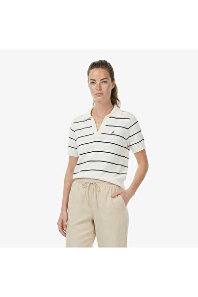 Nautica Kadın Beyaz Regular Fit Çizgili Triko Polo Yaka T-Shirt
